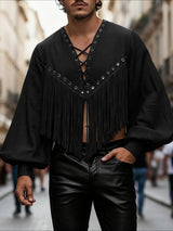 Men's Tassel Patchwork Cropped Long Sleeve T-shirt SKUL47932