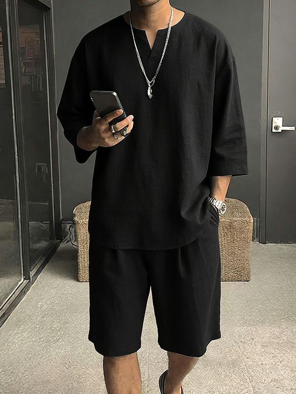 Men's Minimalist Casual V-Notch Neck Drop Shoulder Two Pieces Outfit SKUL68359