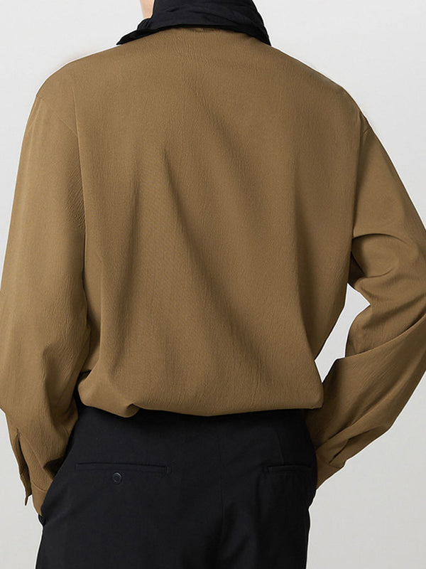 Mens Tie-Detail Color-Block Patchwork Long-Sleeve Shirt SKUK87995