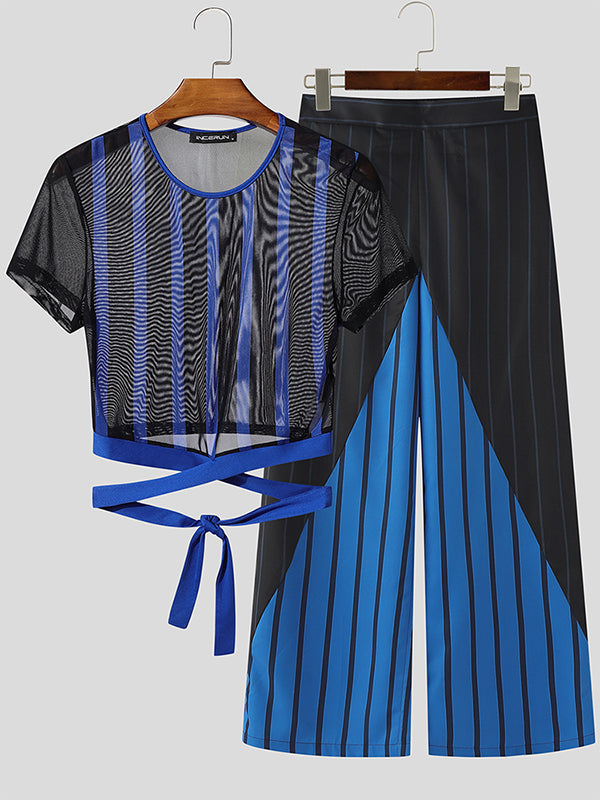 Men's Striped Sheer Mesh Cropped Two Pieces Outfit SKUL23456