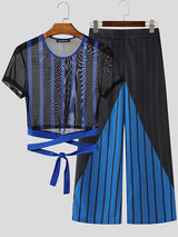 Men's Striped Sheer Mesh Cropped Two Pieces Outfit SKUL23456
