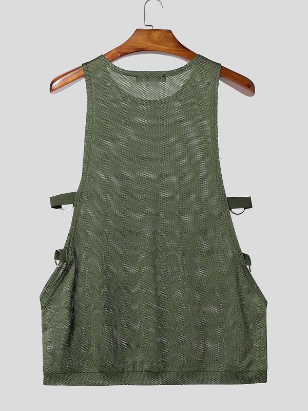 Men's Y2K Avant-Garde Sheer Mesh D-Ring Buckle Open-Side Tank SKUL74578