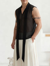 Men's Avant-Garde Shawl Collar Streamer Sheer Sleeveless Shirt SKUL69640