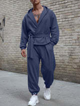 Men's Solid Color Tie Hooded Two Pieces Outfit SKUL45401