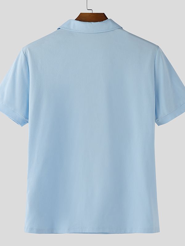 Men's Solid Color Collar Short Sleeve Shirt SKUL45399