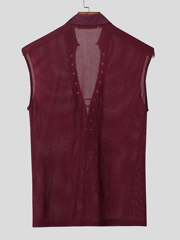 Men's Knit Mesh Drawstring Tie Stand Collar Tank SKUL48008