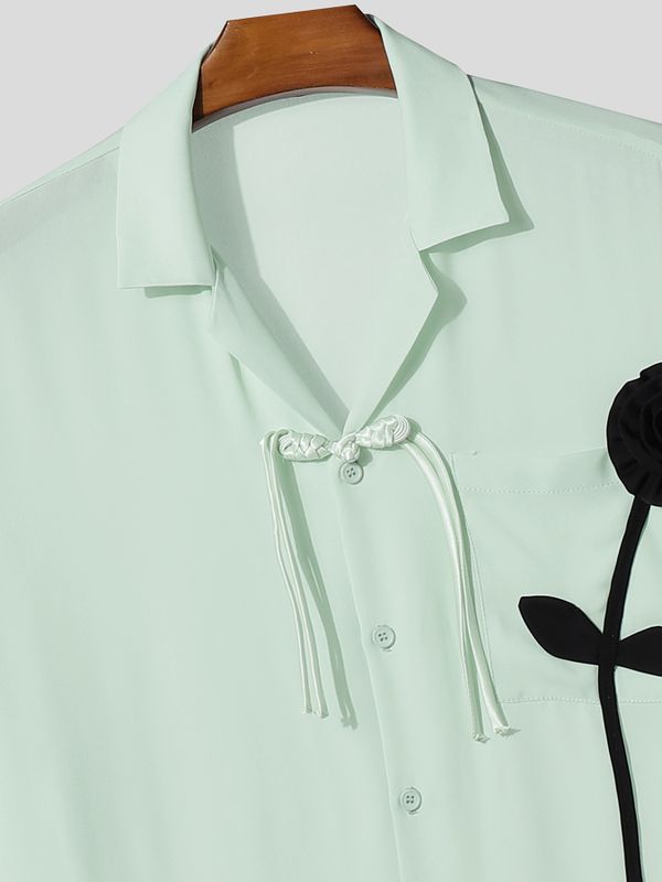 Men's 3D Floral Textured Frog Button Short Sleeve Shirt SKUL60244