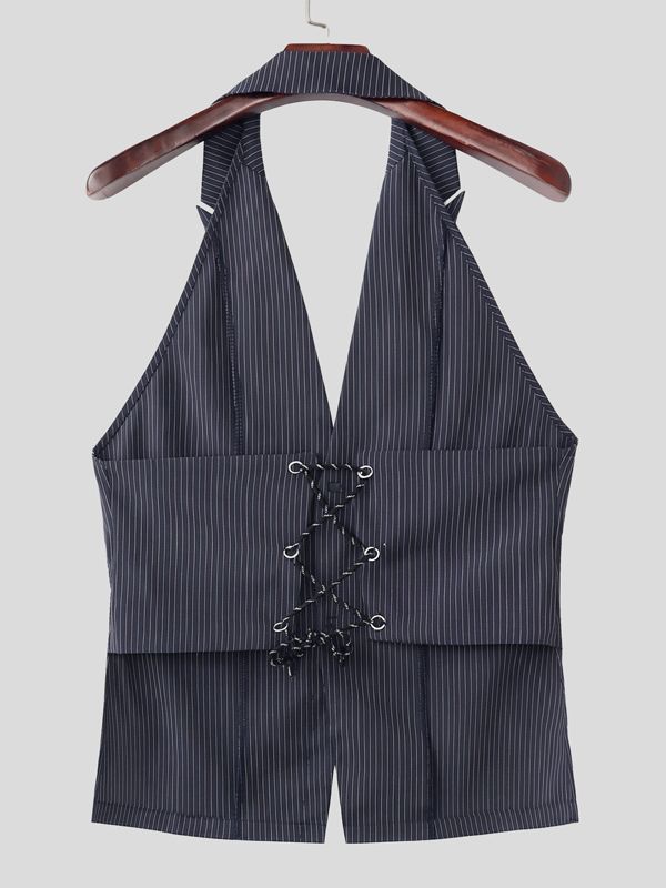 Men's Avant-Garde Pinstripe Halter Neck Backless Lace-Up Waistcoat SKUL64186