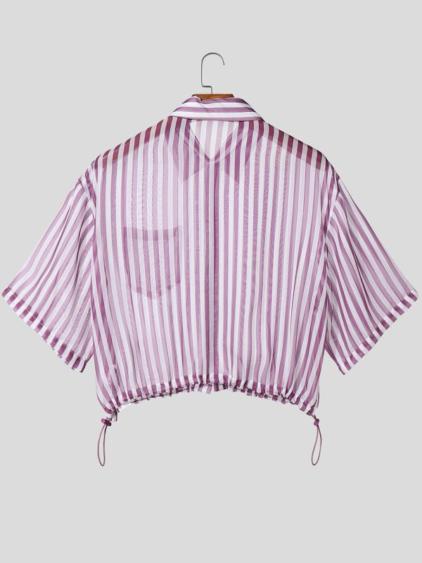 Men's Elastic Drawstring Striped Cropped Short Sleeve Shirt SKUL54659