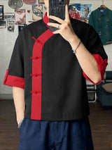 Men's New Chinese Style Asymmetrical Contrast Frog Button Shirt SKUL62068