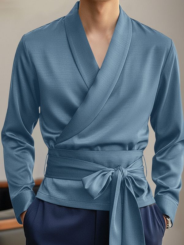 Men's Asymmetrical Placket Lace Up Cinched Waist Long Sleeve Shirt SKUL44020