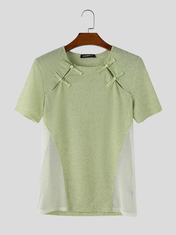 Men's New Chinese Style Frog Button Hollow Out Slim Fit T-shirt SKUL59492