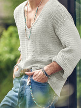 T-shirt uni à manches longues et col en V pour homme SKUJ90760