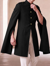 Men's Avant-Garde Runway Slit Cape Sleeve Gold Button Long Sleeve Stand Collar Knee Length Blazer SKUL81218
