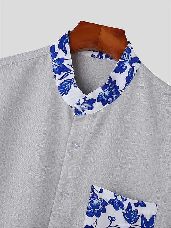 Mens Floral Print Patchwork Short Sleeve Shirt SKUK21762