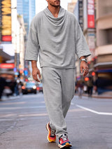 Men's Urban Casual Textured Knit Drop Shoulder 3/4 Sleeve Cowl Neck Two Pieces Outfit SKUL83167