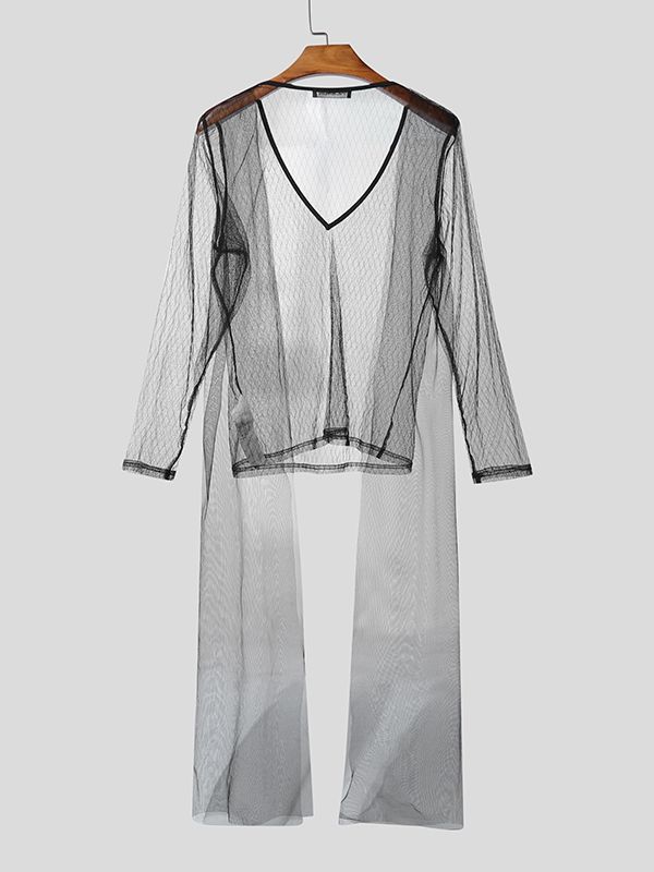 Men's Sheer Mesh V Neck Long Sleeve T-shirt SKUL46179