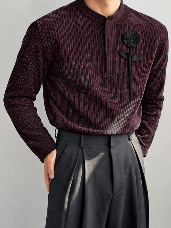 [Pre-order] Men's Smart Chic Art Exhibition 3D Rose Flower Ribbed Velvet Stand Collar Shirt SKUL89271