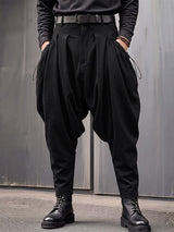 Men's Avant-Garde Techwear Side Drawstring Ruched Low Drop Crotch Tapered Cuff Ankle Length Harem Pant SKUL84024