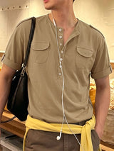Men's Urban Casual Utility Deep-Henley Multi-Button Short Sleeve T-shirt SKUL75690