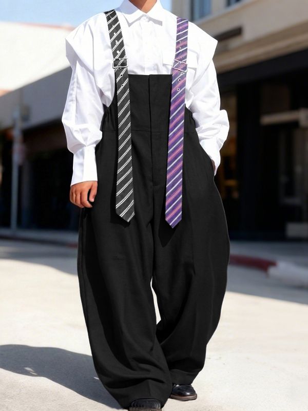 [Fabric Upgrade] Men's Avant-Garde High Waist Necktie Suspender Strap Baggy Wide Leg Overall SKUL68644