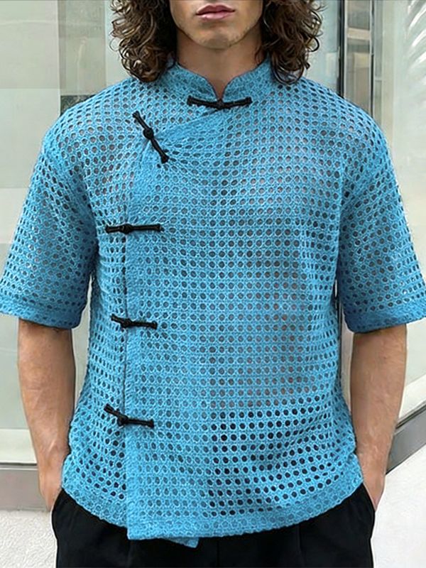 Men's Asymmetric Frog Button Hollow Out Short Sleeve Shirt SKUL56298