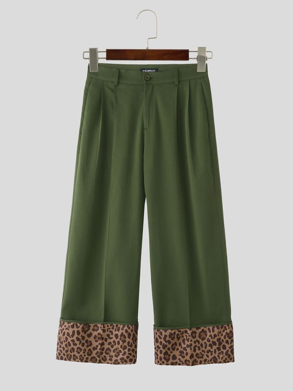 Men's Retro High Street Leopard Turn-Up Cuff Pleated Full Length Wide Leg Pant SKUL79225