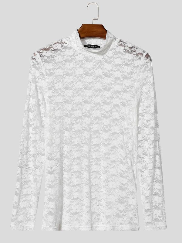 Men's Sexy Clubwear Sheer Floral Lace Muscle Form-Fitting Long Sleeve Mock Neck T-shirt SKUL83129