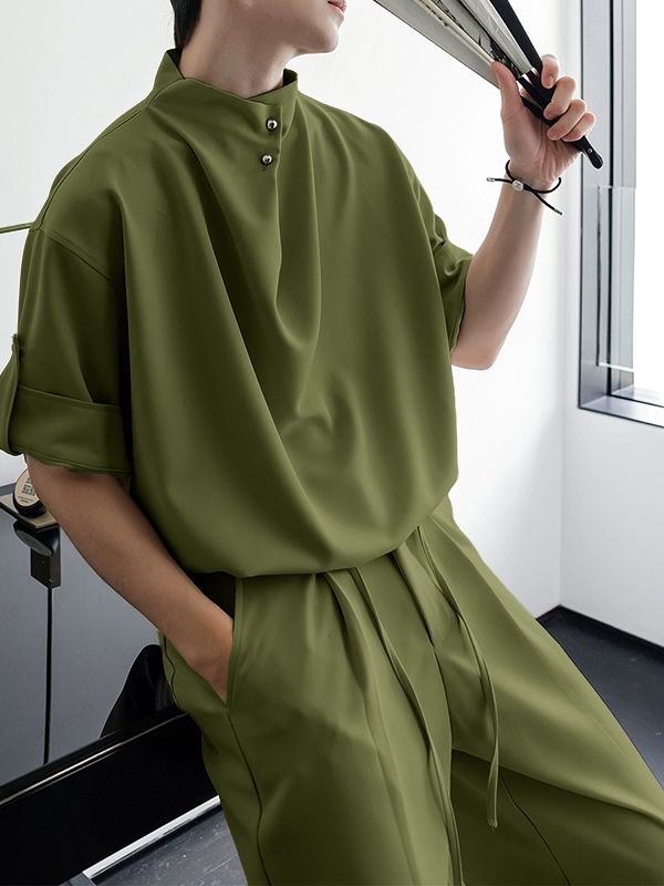 Men's Solid Draped Collar Casual Two Pieces Outfit SKUL33012
