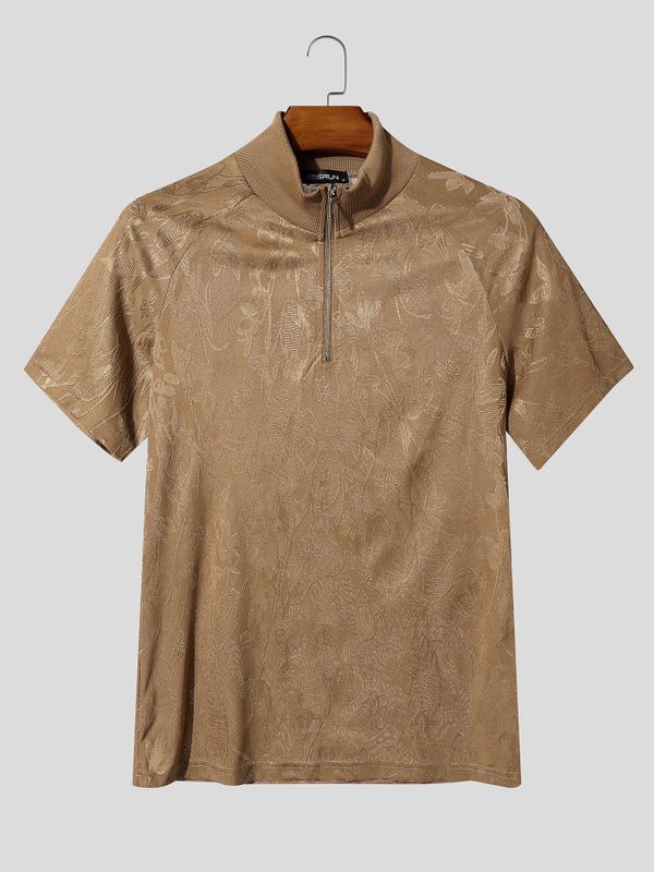 Men's Quiet Luxury Jacquard Floral Metal Quarter Zip Short Sleeve Mock Neck T-shirt SKUL83509