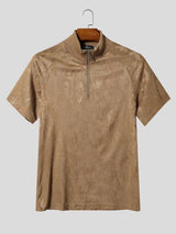 Men's Quiet Luxury Jacquard Floral Metal Quarter Zip Short Sleeve Mock Neck T-shirt SKUL83509