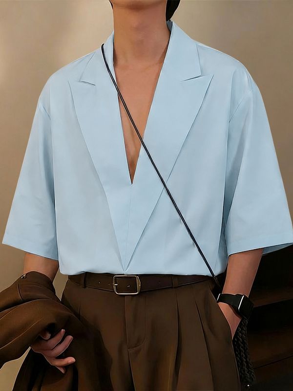 Men's Solid Color V Neck Half Sleeve Shirt SKUL51953