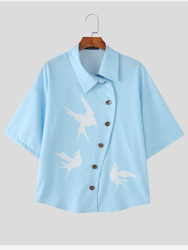 Men's Japanese Harajuku Flying Bird Print Asymmetric Diagonal Button Short Sleeve Shirt SKUL63005