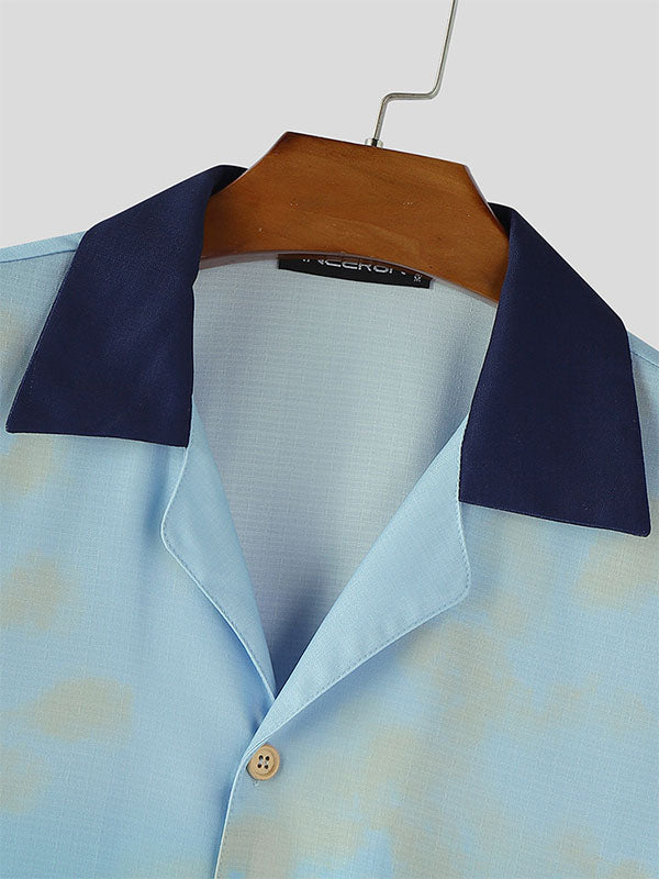 Men's Lotus Print Color Block Short Sleeve Shirt SKUL16812