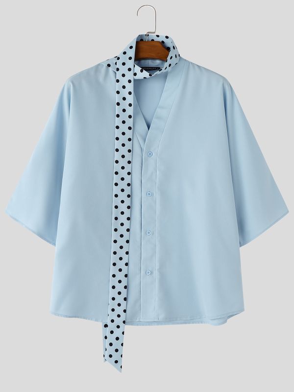 Men's Avant-Garde Minimalist Wide Sleeve Polka Dot Scarf Button-Up Shirt SKUL69365