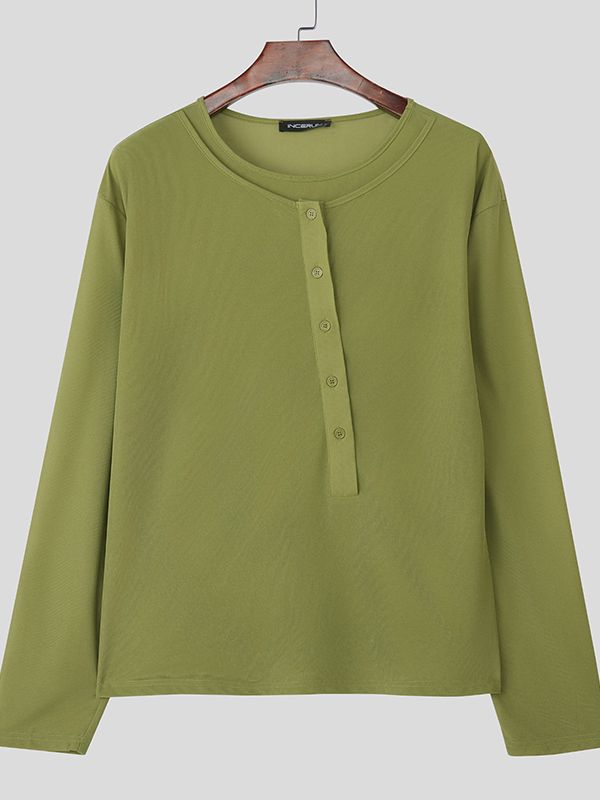 Men's Faux Two Piece Sheer Henley Neck Long Sleeve T-shirt SKUL41302