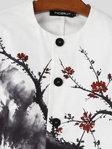 Men's Avant-Garde Gallery Plum Blossom Ink Print Collarless Structured Shoulder Long Sleeve Cropped Blazer SKUL79642
