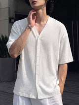Men's Early Autumn Vacation Crinkle Texture Solid Button Down Short Sleeve Shirt SKUL81227