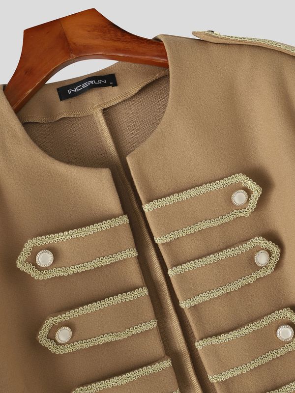 Men's Retro Party Military Gold Braid Cropped Boxy Long Sleeve Round Neck Blazer SKUL80457