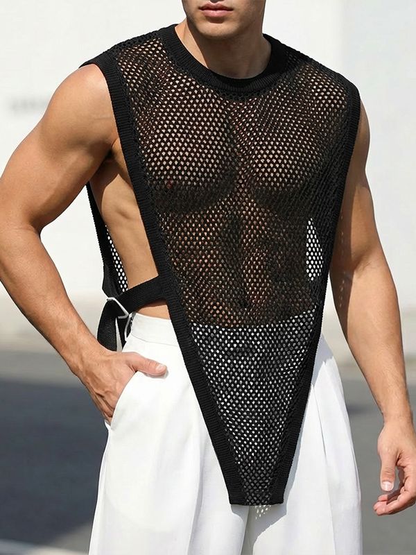 Men's Deconstructed Sheer Mesh Irregular Hem Waistcoat SKUL54030