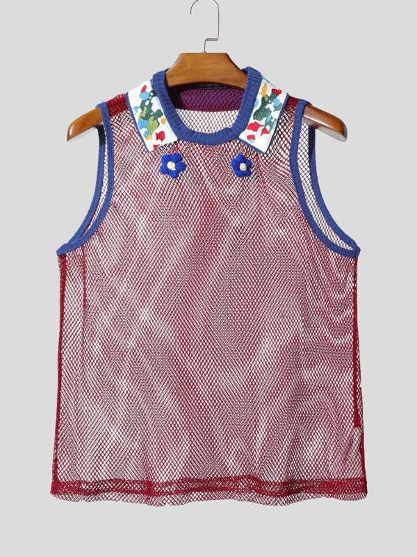 Men's Sheer Mesh Neck Colorblock Casual Tank SKUL15182