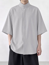 Men's Stand Collar Hidden Placket Oversized Kimono Short Sleeve Shirt SKUL70239