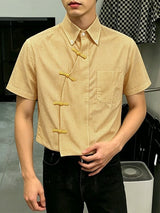 Men's Asymmetric Placket Plaid Frog Button Short Sleeve Shirt SKUL58788