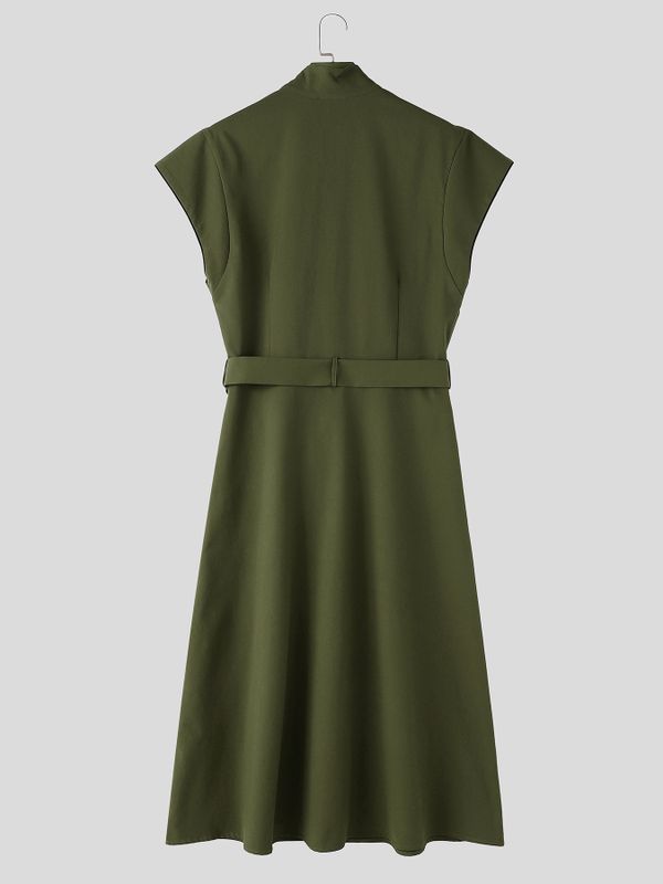 Men's Avant-Garde Runway Military Strap Metal Button Belted Sleeveless Stand Collar Floor Length Waistcoat SKUL81730