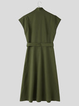 Men's Avant-Garde Runway Military Strap Metal Button Belted Sleeveless Stand Collar Floor Length Waistcoat SKUL81730