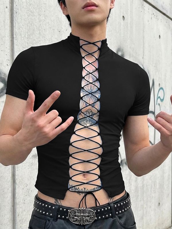 Men's Avant-Garde Full Lace-Up Front Slim Fit Mock Neck Short Sleeve T-shirt SKUL56149