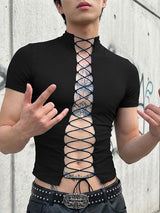 Men's Avant-Garde Full Lace-Up Front Slim Fit Mock Neck Short Sleeve T-shirt SKUL56149
