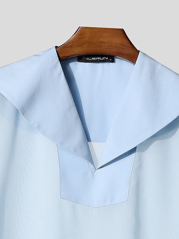 Men's Avant-Garde Sheer Sailor Collar V-Neck Mesh Textured Shirt SKUL60201