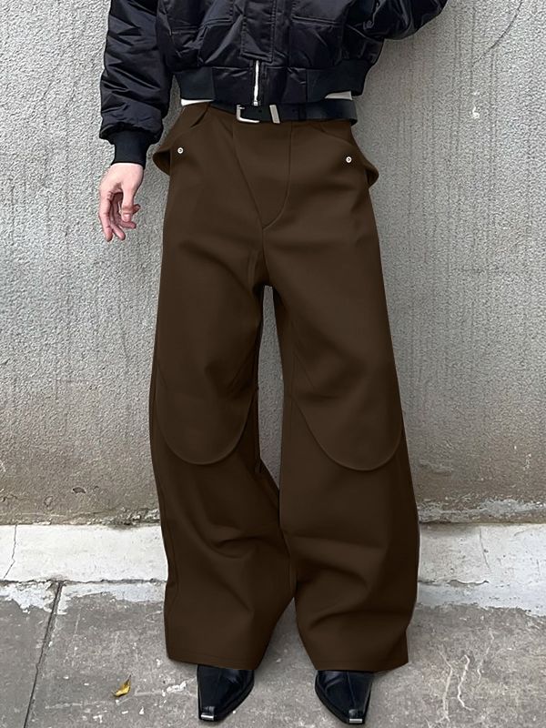 Men's Avant-Garde High Street Curved Flap Overlay Rivet Detail Baggy Floor Length Wide Leg Pant SKUL81732