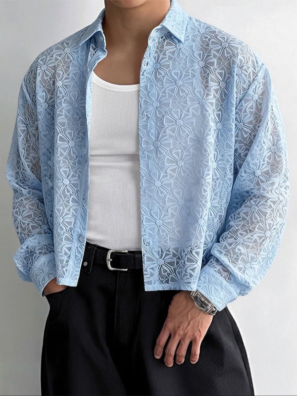 Men's Jacquard Textured Sheer Long Sleeve Shirt SKUL38886